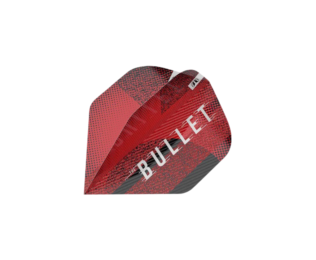 Red and black dart flight set close-up, angled view, BULLET design, textured pattern, isolated on white for dart accessories