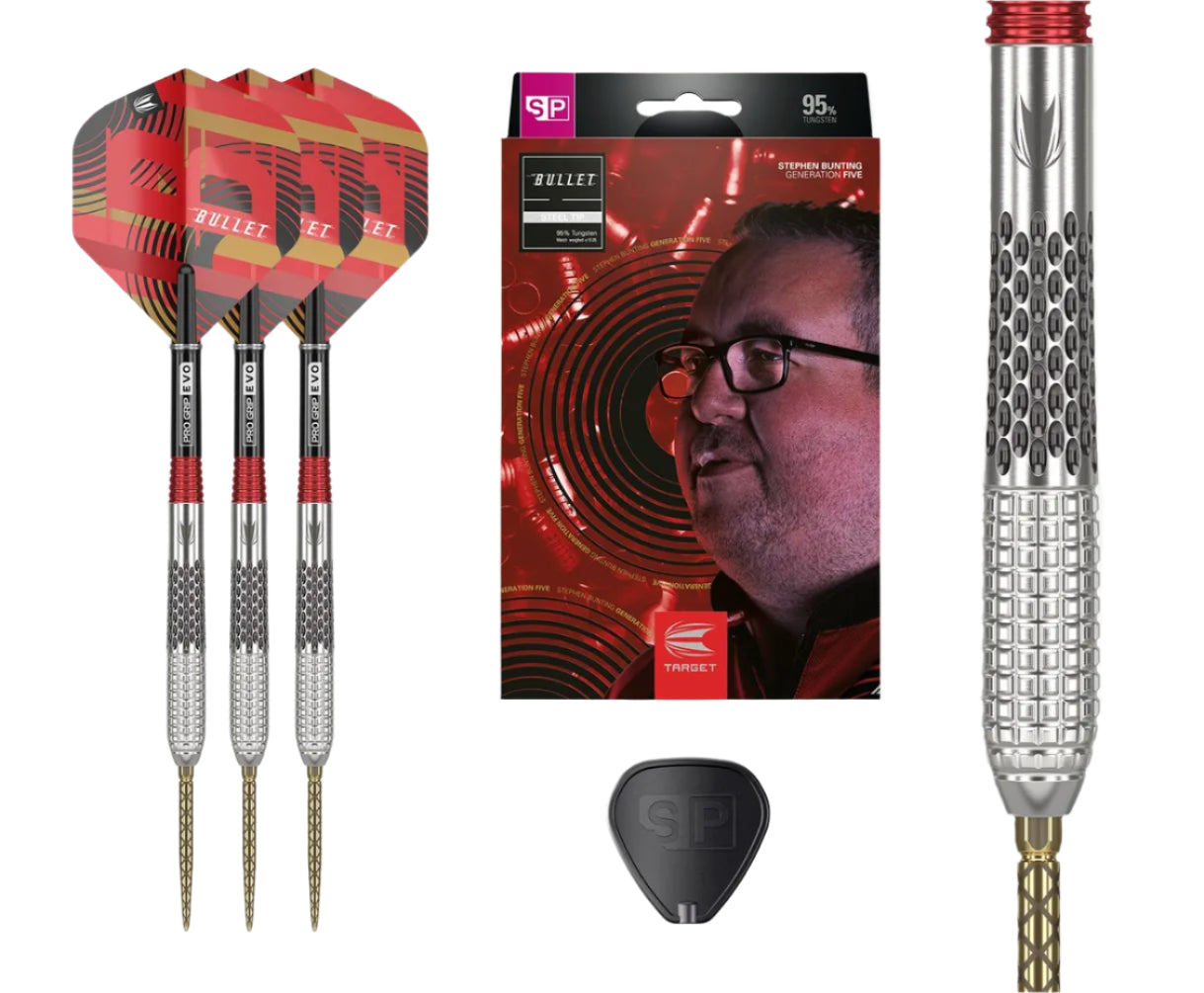 Stephen Bunting G5 95% tungsten darts set with flights, case, single dart barrel close-up showing precision grip texture, isolated on white