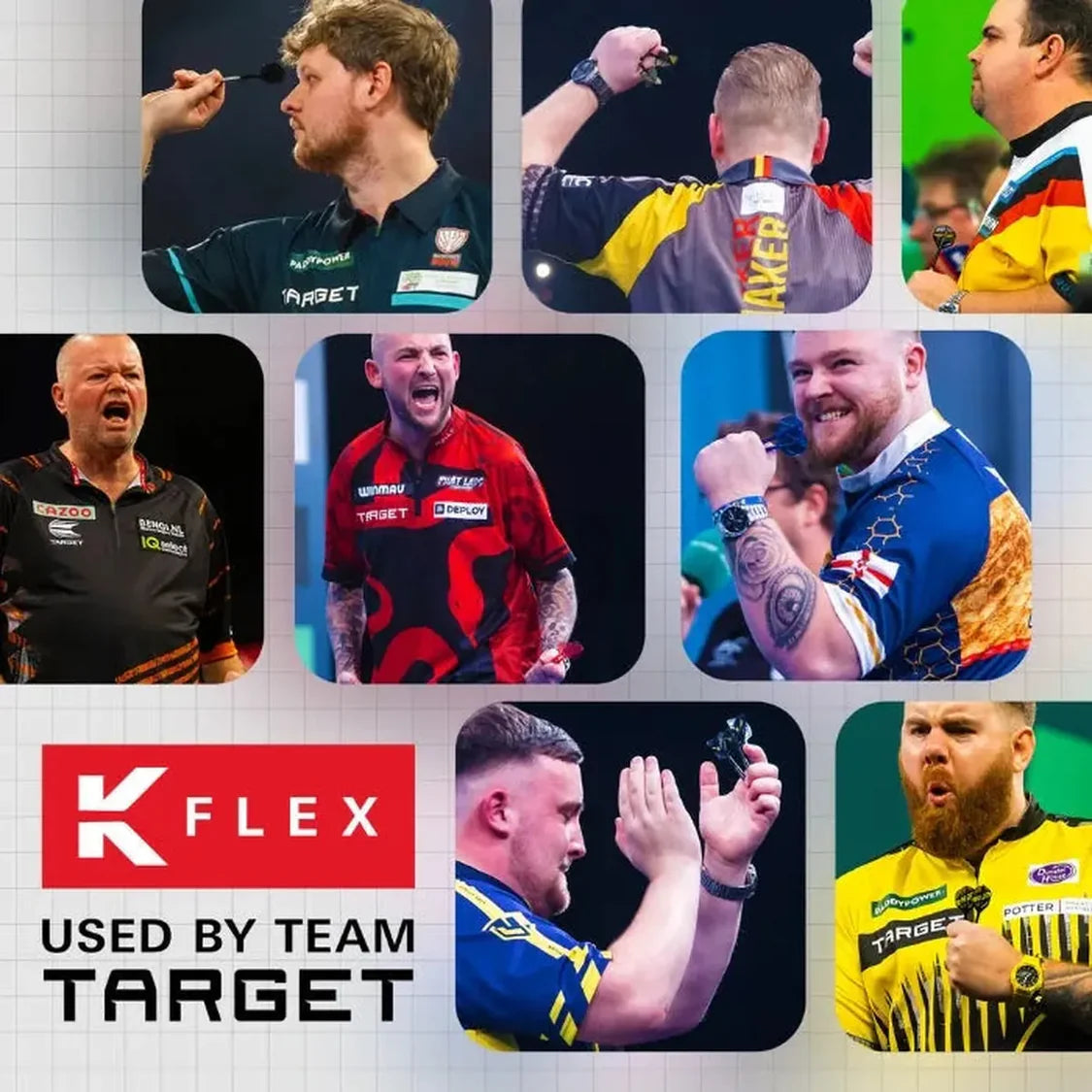 Lifestyle collage of professional darts players holding dart sets in match settings, highlighting K-Flex stems in use