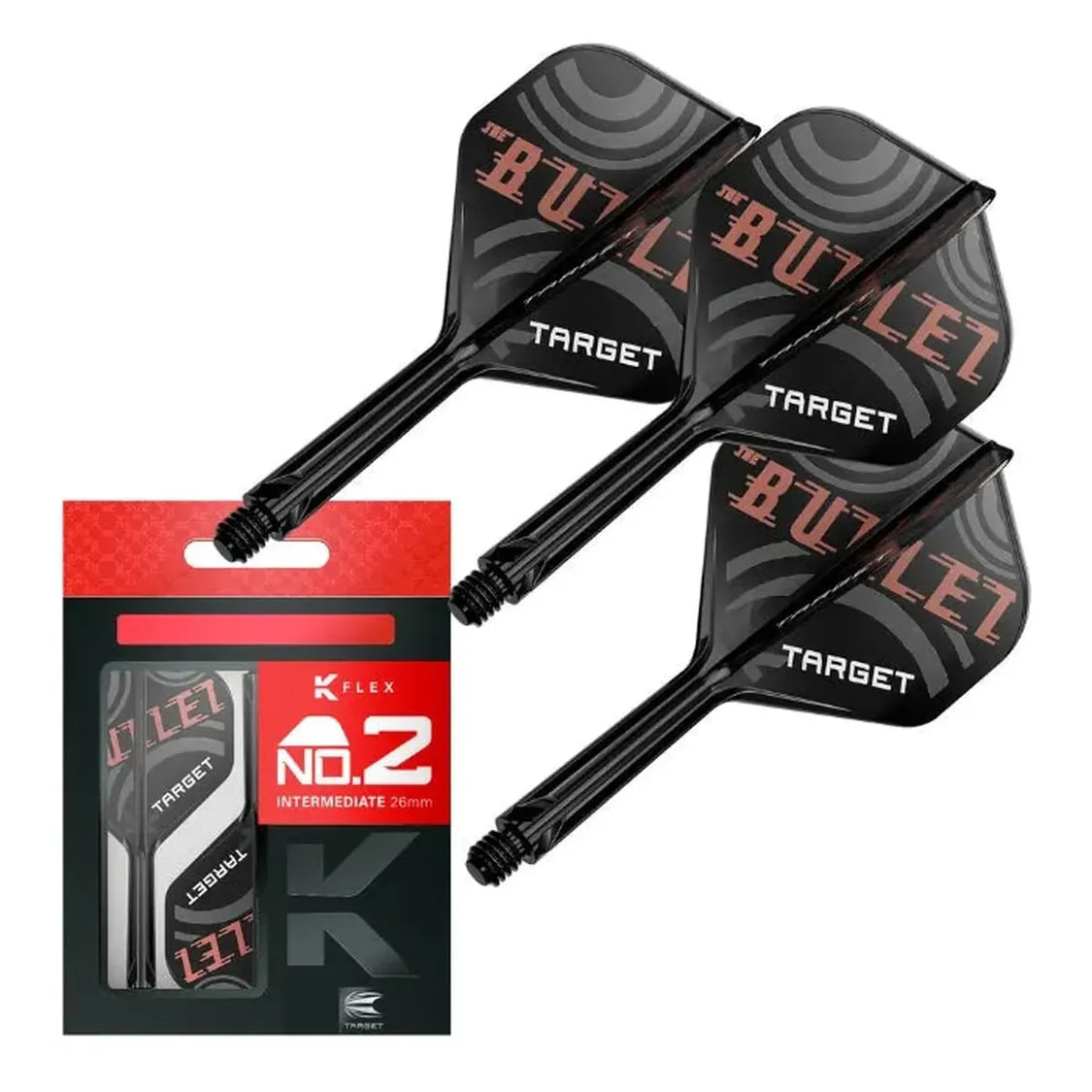 Stephen Bunting K-Flex No.2 dart flights and stems displayed with packaging, highlighting black flight design and intermediate 26mm stem size