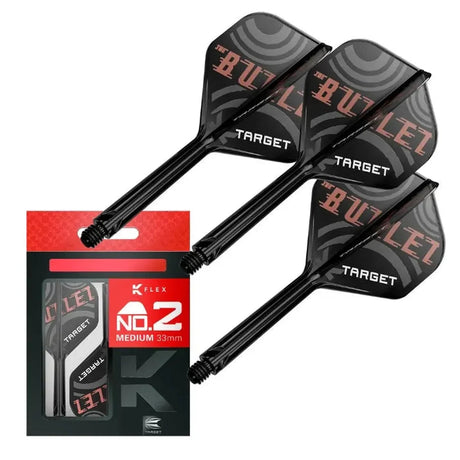 Angled view of three No.2 medium K-Flex dart flights with black shafts and 'BULLET' graphics, retail packaging included
