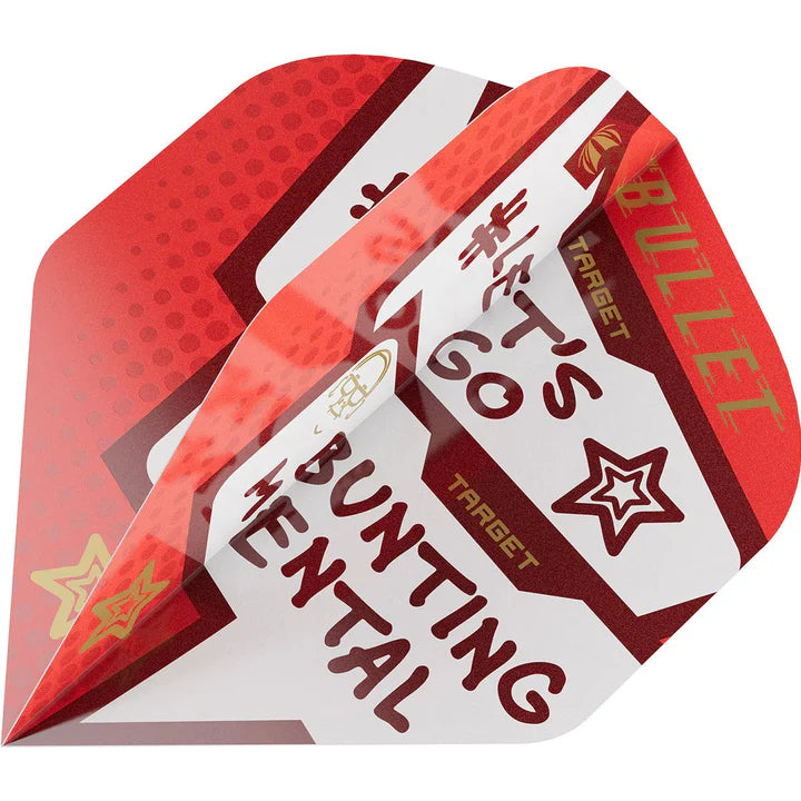 Macro close-up of dart flights stacked, showing red and white graphics, star motif, and BUNTING MENTAL slogan for No.2 dart flights.