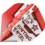Macro close-up of dart flights stacked, showing red and white graphics, star motif, and BUNTING MENTAL slogan for No.2 dart flights.