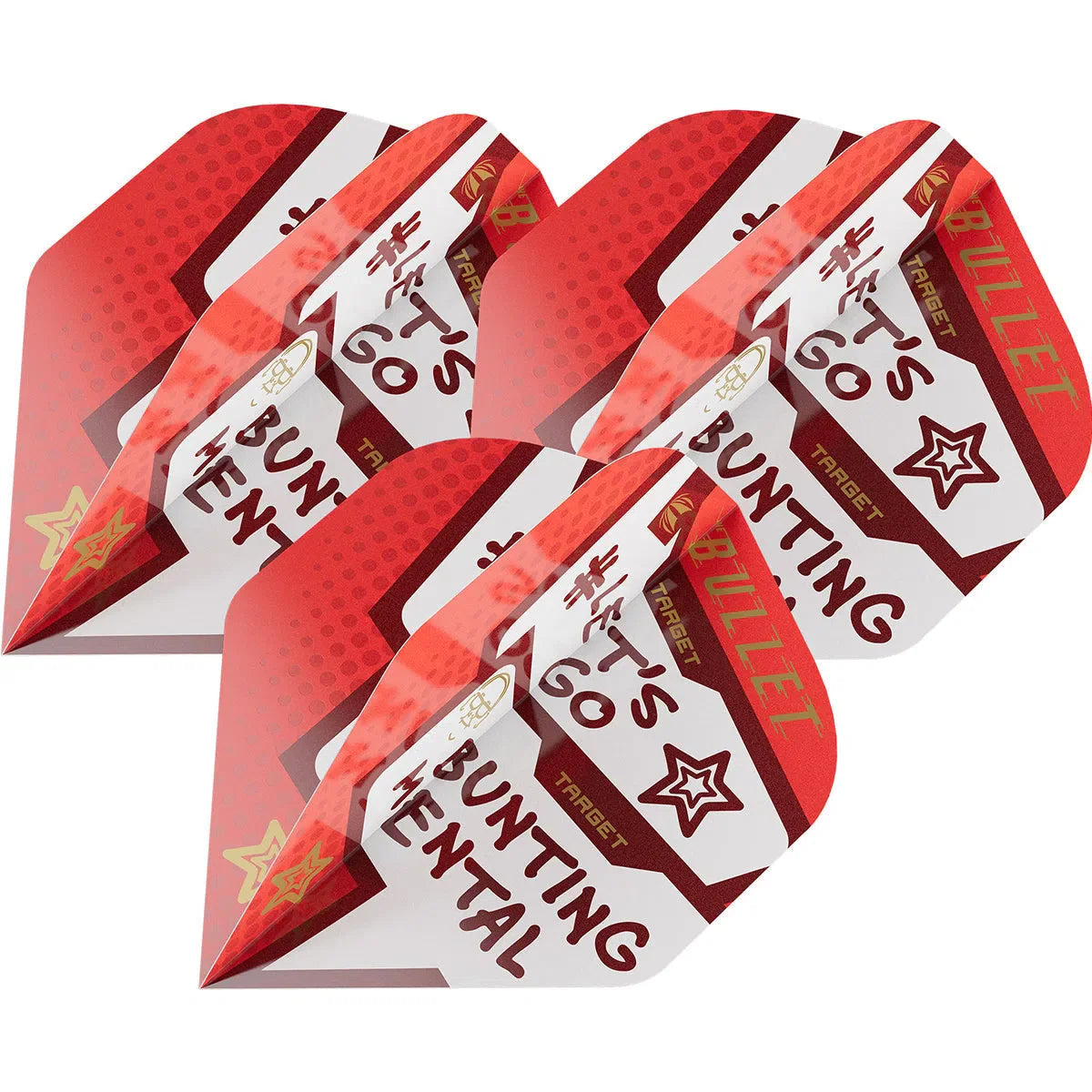 Three red and white No.2 dart flights arranged diagonally, highlighting Bunting Mental design and durable laminated construction