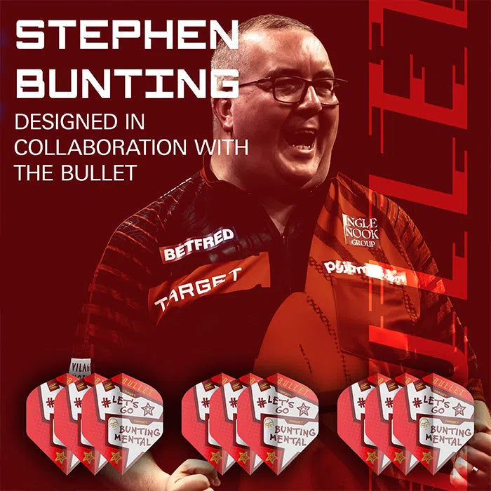 Stephen Bunting Pro Ultra No.2 dart flights shown in 3 arranged sets, bold red design, lifestyle background, ideal for serious darts players