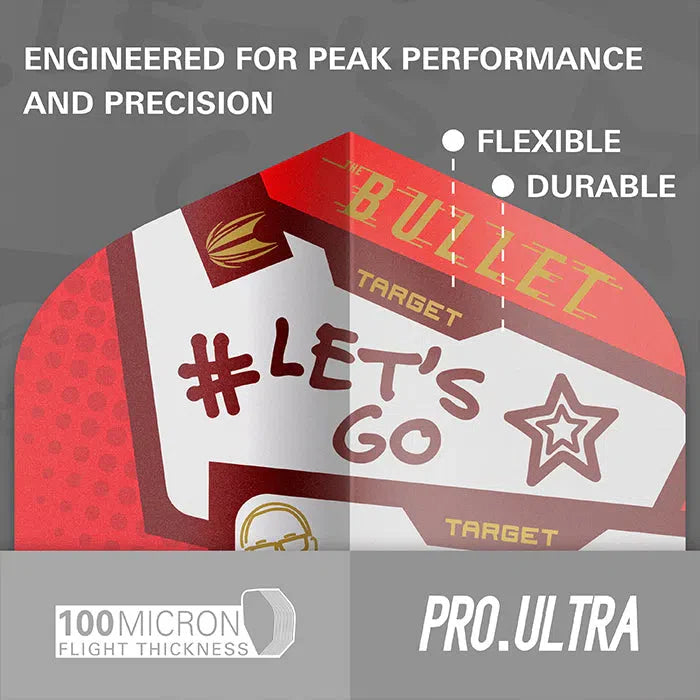 Close-up macro of Pro Ultra No.2 dart flight showing 100 micron thickness, flexible durable material and bold Let's Go design.