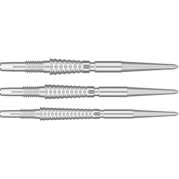 Three Swiss Storm LNC dart points displayed horizontally on white background, emphasizing unique grip texture and precision steel tips