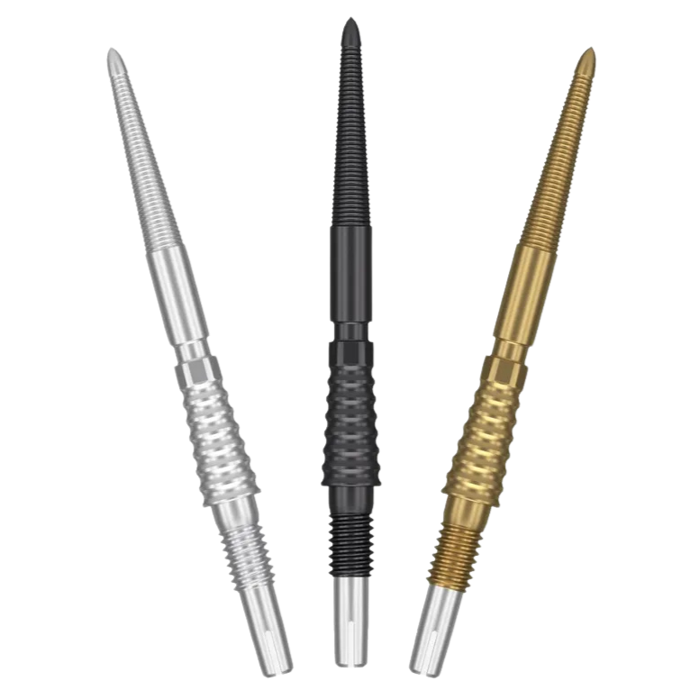 Three Swiss dart points in silver, black, and gold with textured grip sections, full view isolated on white background