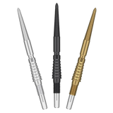 Three Swiss dart points in silver, black, and gold with textured grip sections, full view isolated on white background