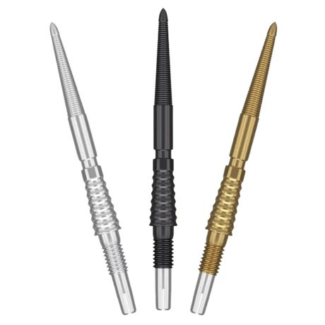 Three Swiss dart points in silver, black, and gold with textured grip sections, full view isolated on white background