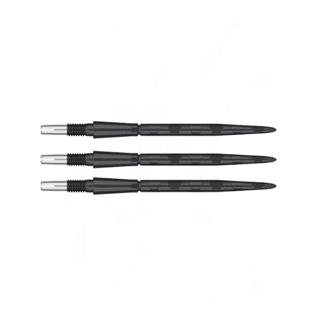 Three Storm Onyx Swiss dart points side by side, black with silver threaded tips, isolated on white, showing grip texture and flush-fit design