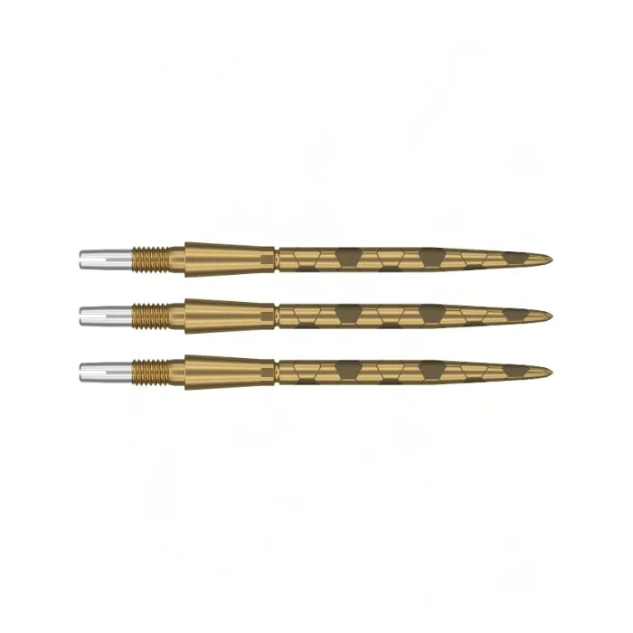 Three Swiss dart points in gold with grip pattern, full side view, isolated on white for dart accessories buyers
