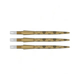 Three Swiss dart points in gold with grip pattern, full side view, isolated on white for dart accessories buyers