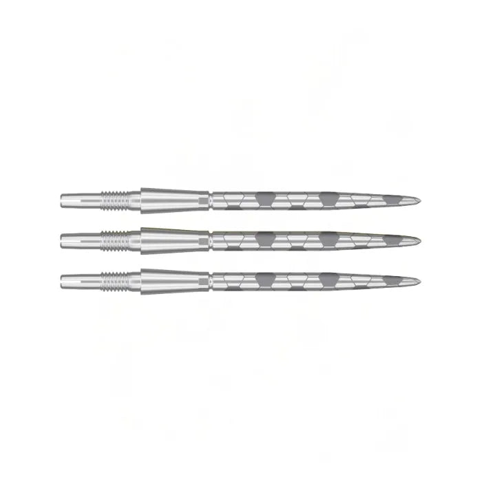 Three Swiss dart points aligned horizontally on white background showing grip pattern and flush fit tip details