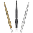 Three Storm Onyx Swiss dart points in gold, black, and silver, full product view on white, highlighting hexagonal grip design and threaded fit.