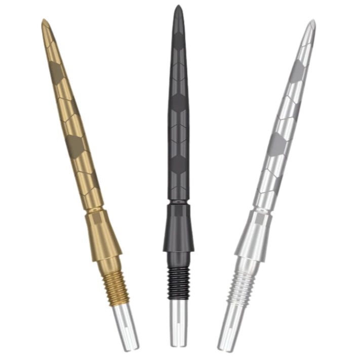 Three Storm Onyx Swiss dart points in gold, black, and silver, full product view on white, highlighting hexagonal grip design and threaded fit.