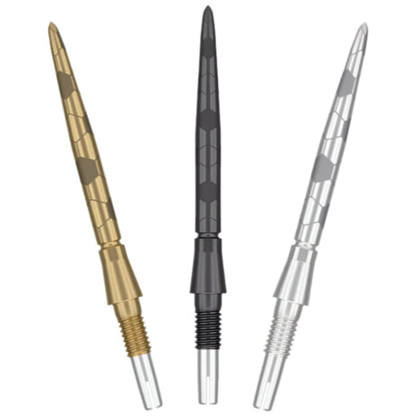 Three Storm Onyx Swiss dart points in gold, black, and silver, full product view on white, highlighting hexagonal grip design and threaded fit.