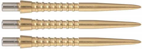 Three gold grooved dart points side view on white background, highlighting deep cut grip texture for darts