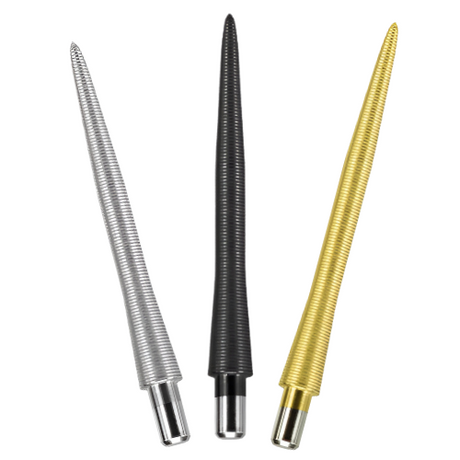Three Storm Points Nano dart points with nano grip texture in silver, black, and gold, upright on white background