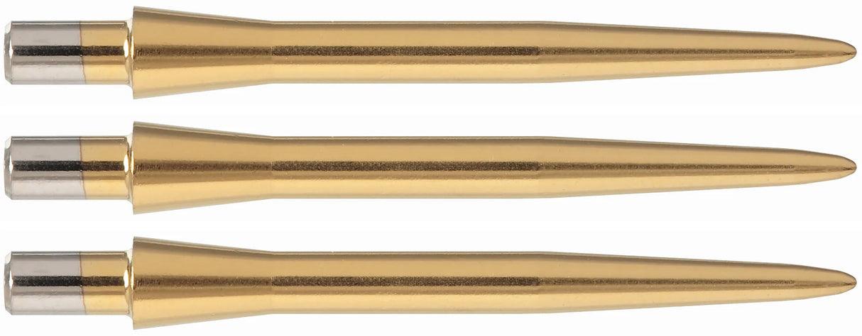 Three gold smooth storm dart points horizontally aligned on white background, highlighting precision machined tip design for steel tip darts.