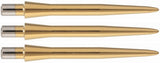 Three gold smooth storm dart points horizontally aligned on white background, highlighting precision machined tip design for steel tip darts.