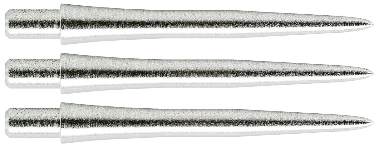 Three smooth silver steel dart points displayed side by side on white, showing machined tip profile and textured finish for dart equipment buyers