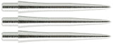 Three smooth silver steel dart points displayed side by side on white, showing machined tip profile and textured finish for dart equipment buyers