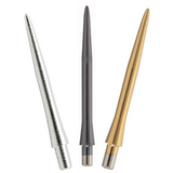 Three smooth dart points in silver, black, and gold displayed upright on white background, highlighting precision machined tips
