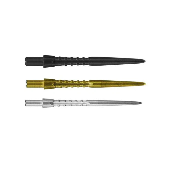 Three Storm Surge dart points in black, gold, and silver displayed horizontally on white background showing grip texture and finish