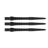 Set of three black dart points with grooved grip, side view, isolated on white background for dart accessories buyers