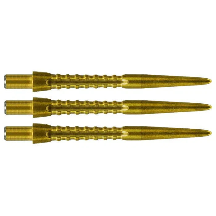 Three gold dart points with precision grooves and grip texture, horizontal full view isolated on white background