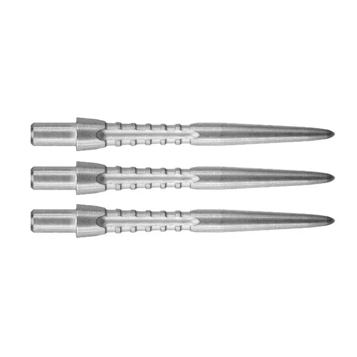 Three dart points with machined grip and precision tips, full product view on white background for dart equipment buyers