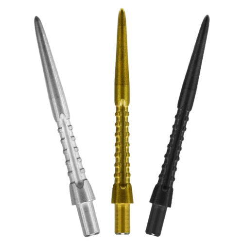 Three Storm Surge dart points in silver, gold, and black displayed upright on white showing grip texture and precision grooves