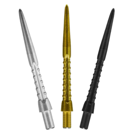 Three Storm Surge dart points in silver, gold, and black displayed upright on white showing grip texture and precision grooves