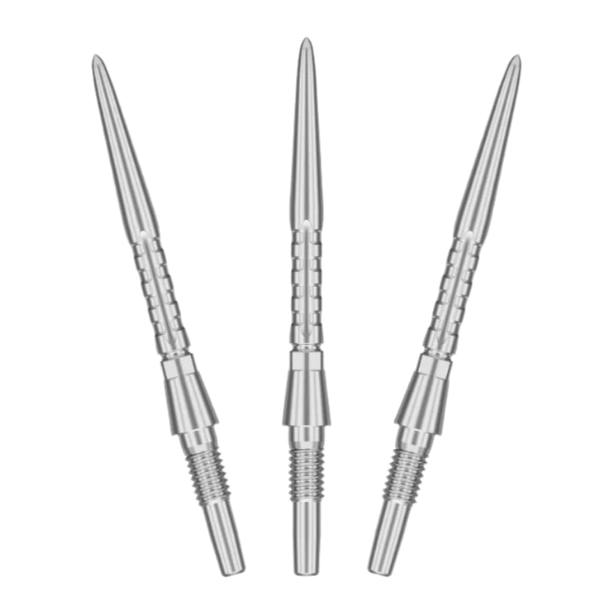 Three Swiss point steel dart tips upright on white background showing grip grooves and threaded ends