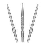Three Swiss point steel dart tips upright on white background showing grip grooves and threaded ends