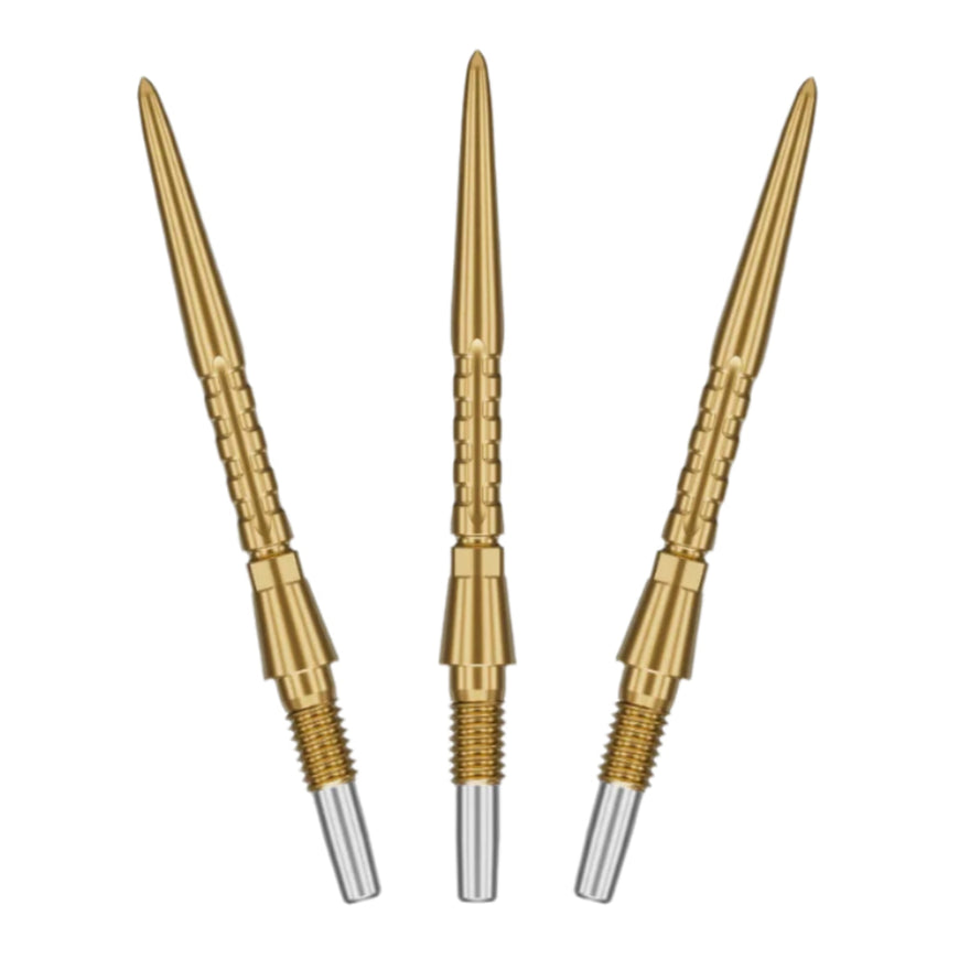Three gold Swiss point dart tips with knurled grip, full product view isolated on white, replacement dart points set