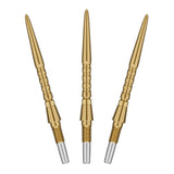 Three gold Swiss point dart tips with knurled grip, full product view isolated on white, replacement dart points set