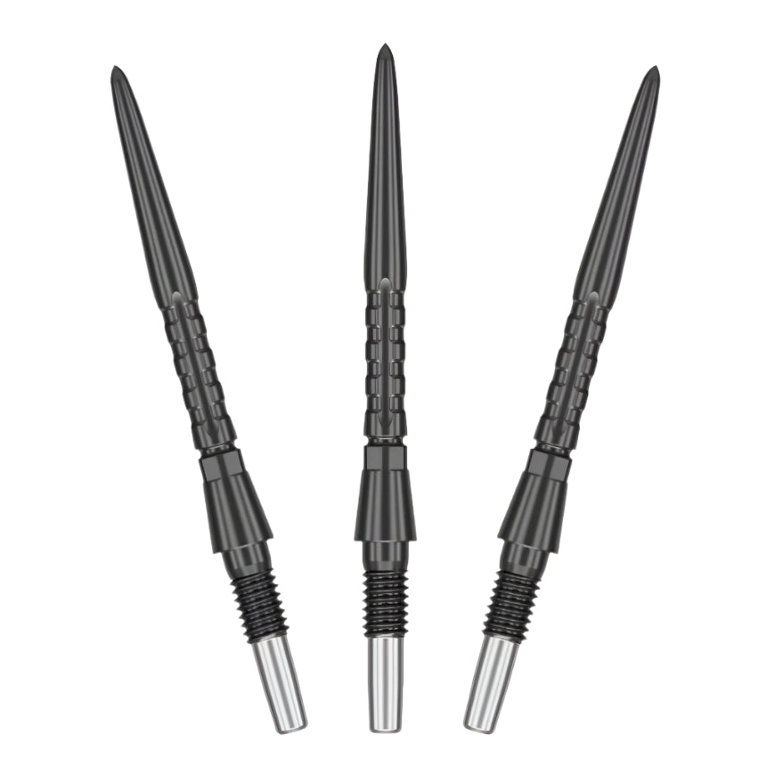 Set of three Storm Surge Swiss dart points with grooved grip and threaded base on white background