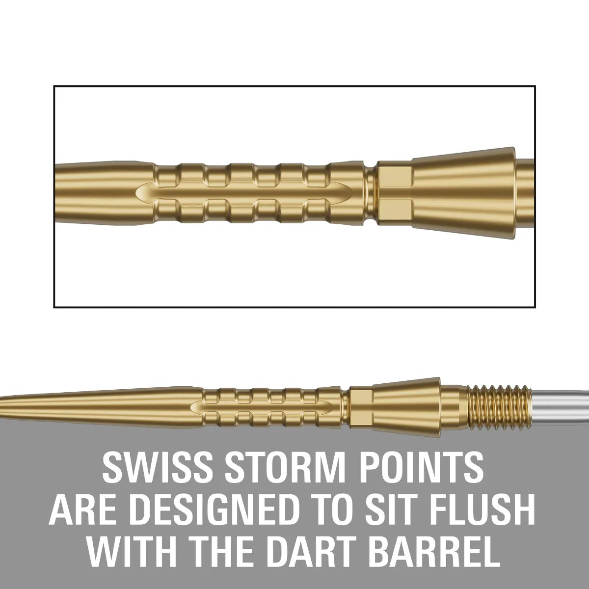 Close-up of gold Swiss Storm Surge dart point flush with barrel, showing detailed grip design and precise threaded fit