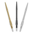 Three Swiss dart points in gold, black, and silver with textured grip and threaded base, full product view on white background