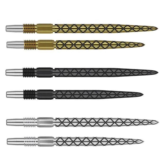 Six Swiss Diamond Pro dart points in gold, black, and silver, full view on white background, showing laser-etched grip shafts and threaded tips