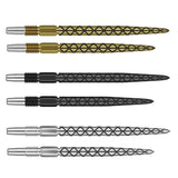 Six Swiss Diamond Pro dart points in gold, black, and silver, full view on white background, showing laser-etched grip shafts and threaded tips