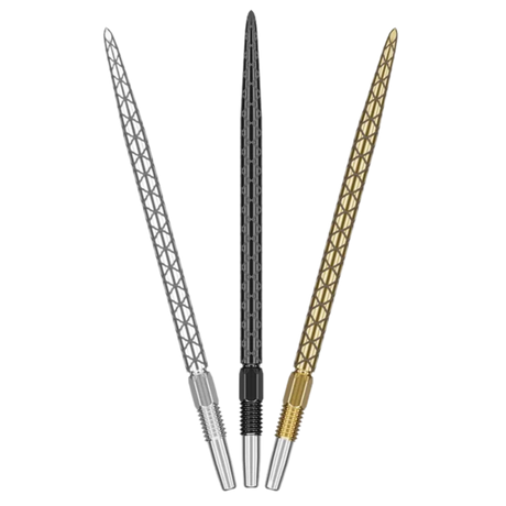 Three Swiss Diamond Pro dart points in silver, black, and gold with laser-etched diamond grip texture, isolated on white background