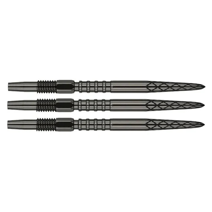 Three Swiss DS dart points aligned horizontally, displaying diamond grip pattern and laser-etched detailing on steel tips