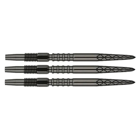 Three Swiss DS dart points aligned horizontally, displaying diamond grip pattern and laser-etched detailing on steel tips