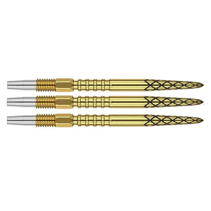 Three gold dart points with laser-etched diamond grip and ringed sections, side view on white background