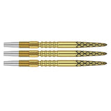 Three gold dart points with laser-etched diamond grip and ringed sections, side view on white background