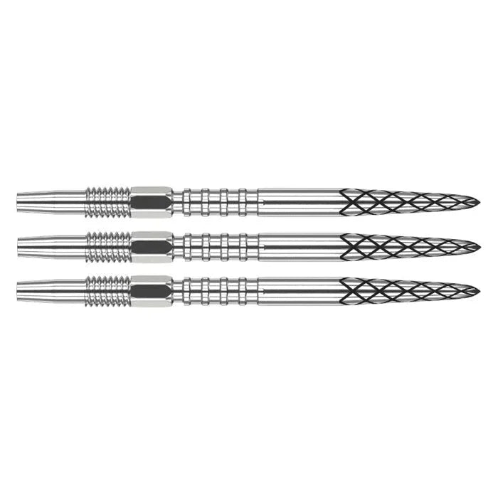 Three Swiss DS dart points aligned side by side on white, showcasing laser-etched diamond grip tips for dart board precision