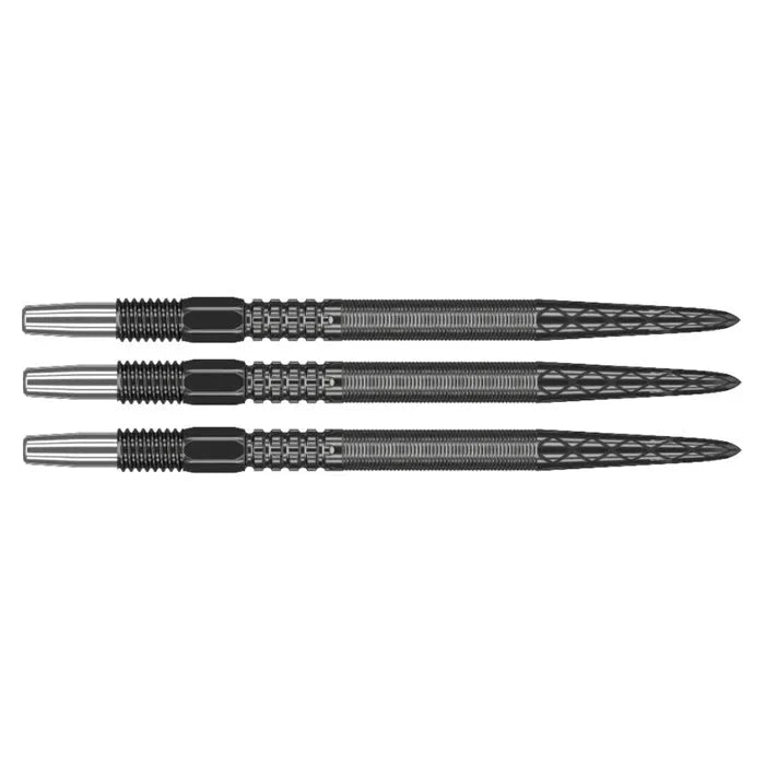 Three Swiss DX dart points aligned side by side on white background showing diamond grip texture and precision etched steel tips
